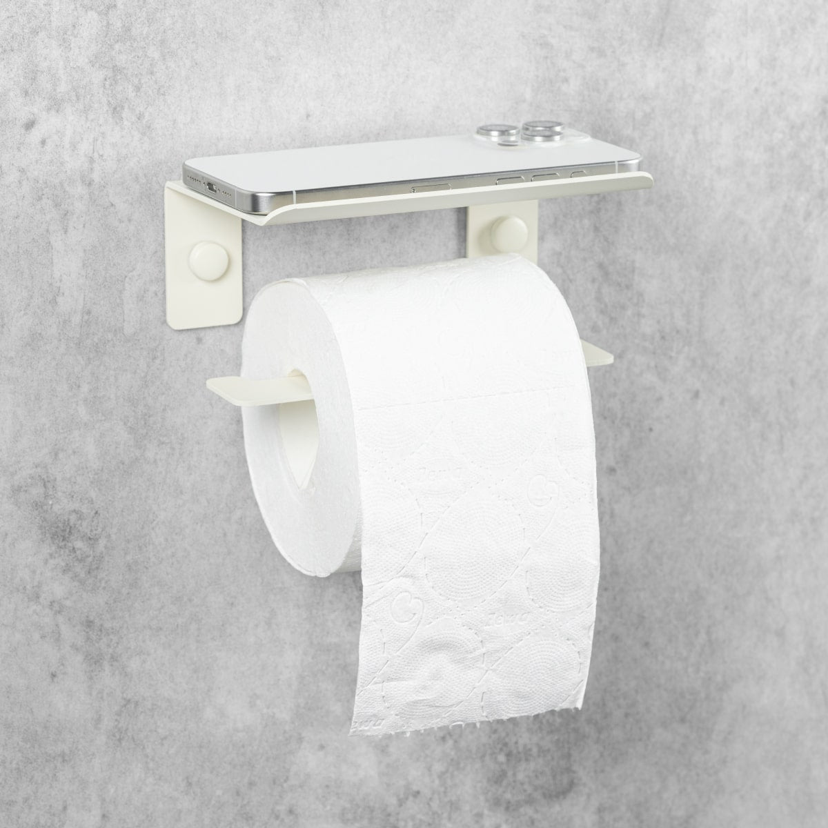 Porte-papier toilette beige avec tablette pour accessoires et rouleau de papier sur fond gris