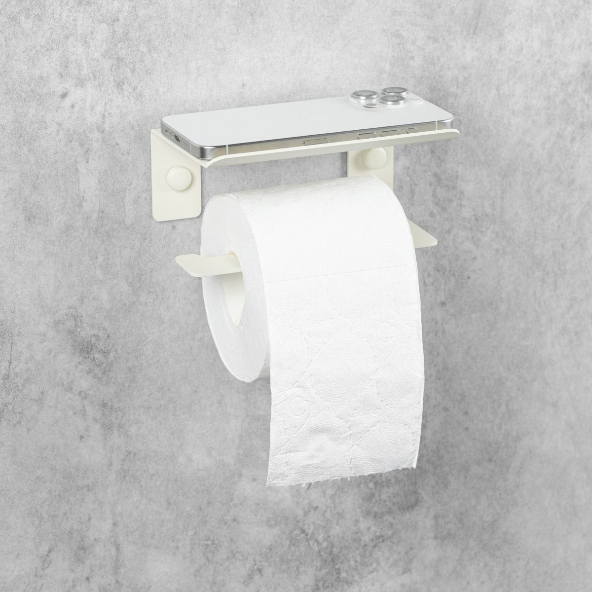 Porte-papier toilette beige avec tablette pour accessoires et rouleau de papier sur fond gris