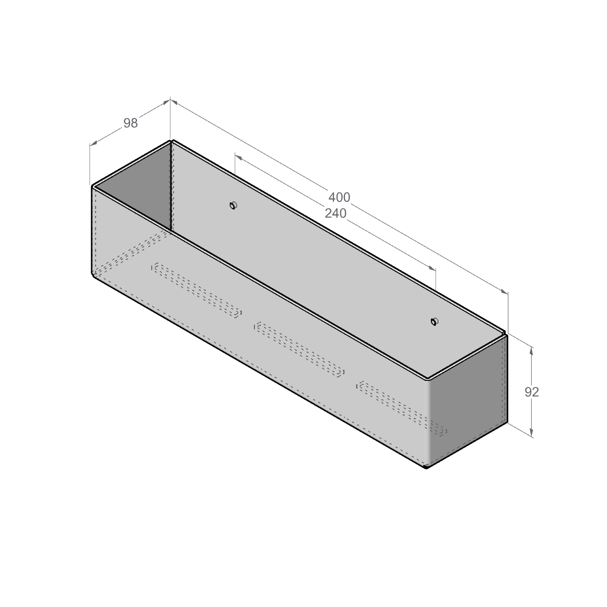 eine technische Zeichnung eines minimalistischen, schwarz wandmontierten Regals mit rechteckiger Form