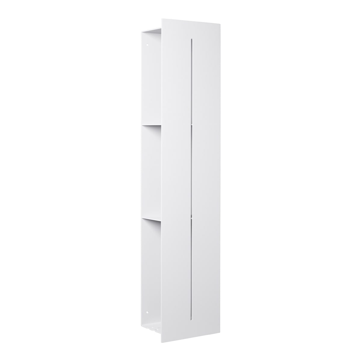 a white vertical organizer with three hidden shelves. The shelves are concealed behind an elegant panel, creating a clean and tidy appearance. This organizer is designed to be wall-mounted and provides convenient storage for various items