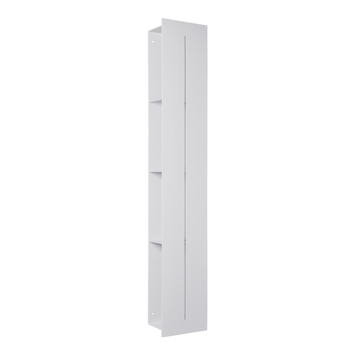 armoire murale verticale grise avec porte ouverte, révélant quatre étagères, sur fond blanc